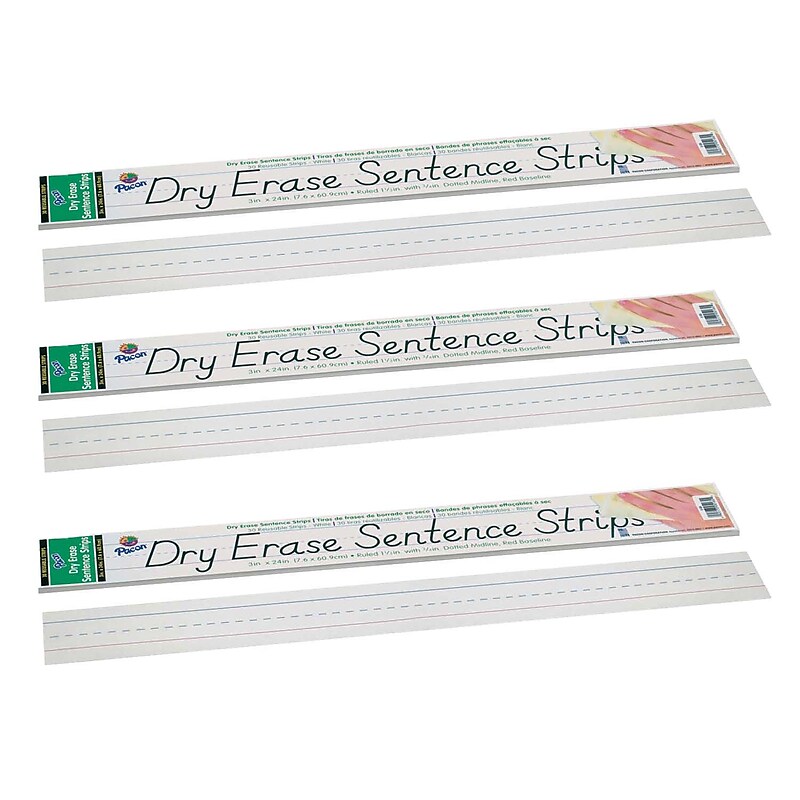 Pacon Dry Erase Sentence Strips, White, 1-1/2" x 3/4" Ruled, 3" x 24", 30 Per Pack, 3 Packs (PAC5185-3) image 1