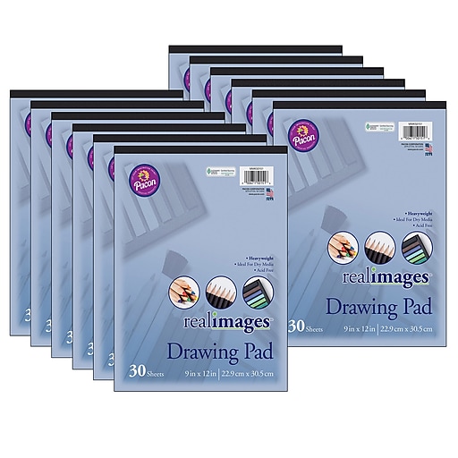 Real Images Drawing Pad, Heavyweight, 9 x 12, 30 Sheets, Pack of 12
