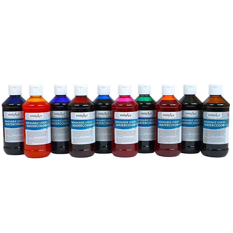 Handy Art Washable Liquid Watercolors, 8 oz. Bottles, Assorted Colors, 10/Set (RPC882275) image 1