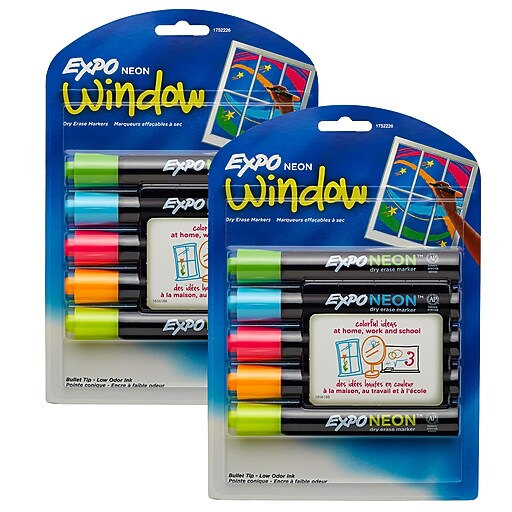EXPO® Neon Window Dry Erase Marker, Bullet tip, Assorted Colors, 5 Per Pack, 2 Packs