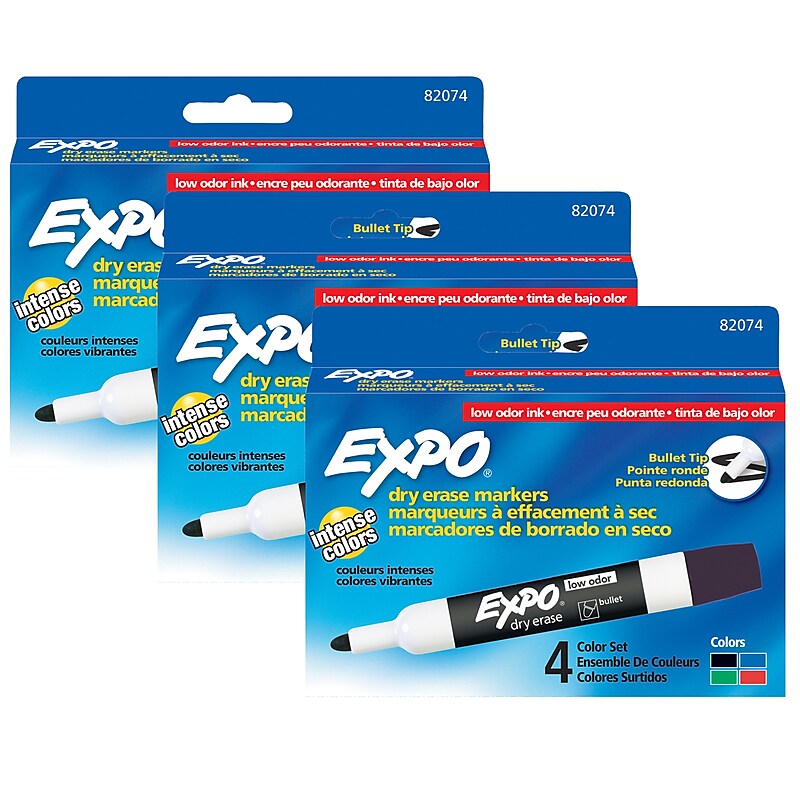 EXPO® Low Odor Dry Erase Markers, Bullet tip, Assorted Colors, 4 Per Pack, 3 Packs, (SAN82074-3) image 1