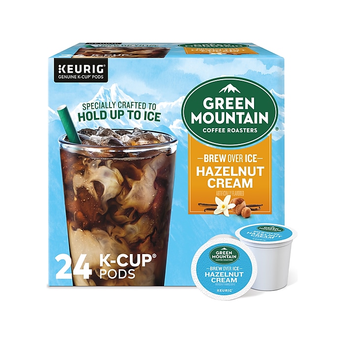 Green Mountain Brew Over Ice Hazelnut Cream Iced Coffee Medium Roast 0.40 oz. Keurig K Cup Pods 24 Box 390290 Staples