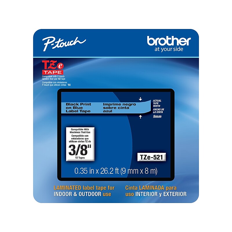 Brother P-touch TZe-521CS Laminated Label Maker Tape, 3/8" x 26-2/10', Black on Blue (TZe-521CS) image 1