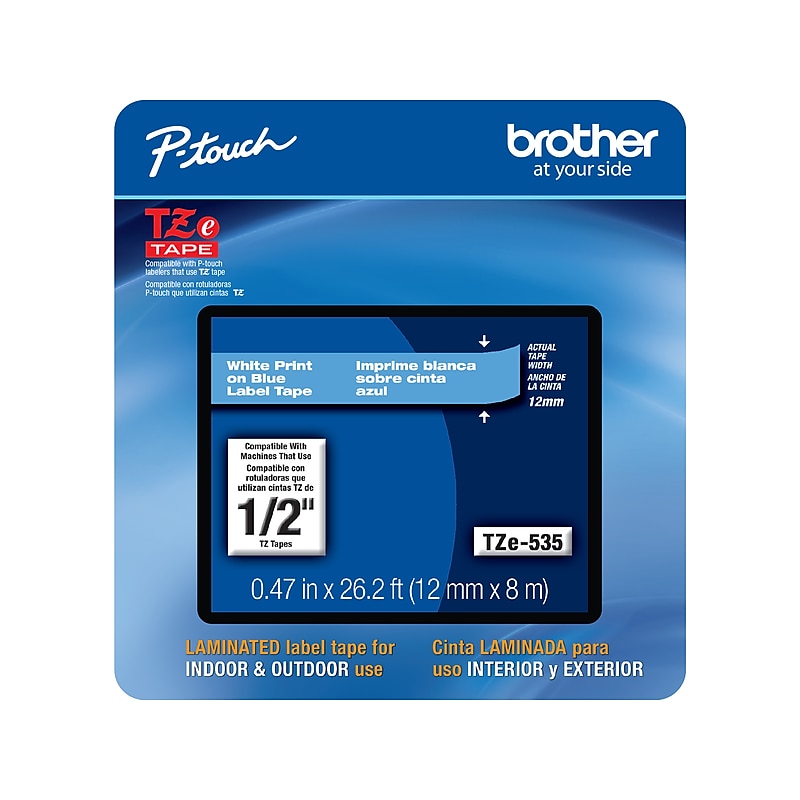 Brother P-touch TZe-535CS Laminated Label Maker Tape, 1/2" x 26-2/10', White on Blue (TZe-535CS) image 1