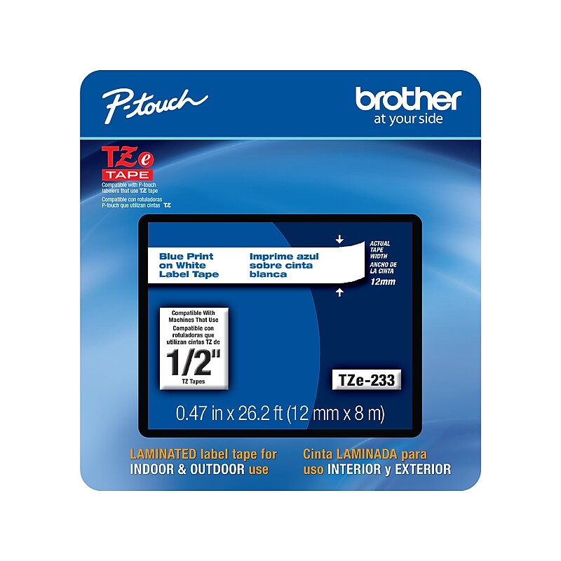 Brother P-touch TZe-233CS Laminated Label Maker Tape, 1/2" x 26-2/10', Blue on White (TZe-233CS) image 1