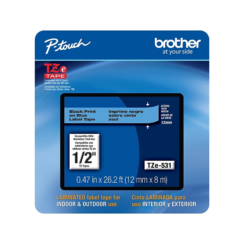 Brother P-touch TZe-531CS Laminated Label Maker Tape, 1/2" x 26-2/10', Black on Blue (TZe-531CS) image 1