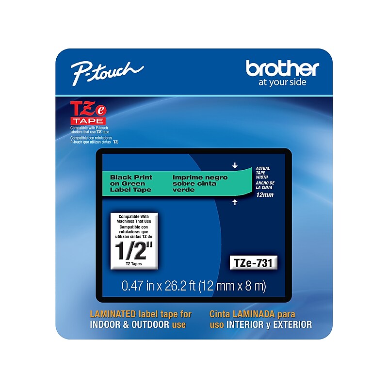 Brother P-touch TZe-731CS Laminated Label Maker Tape, 1/2" x 26-2/10', Black on Green (TZe-731CS) image 1