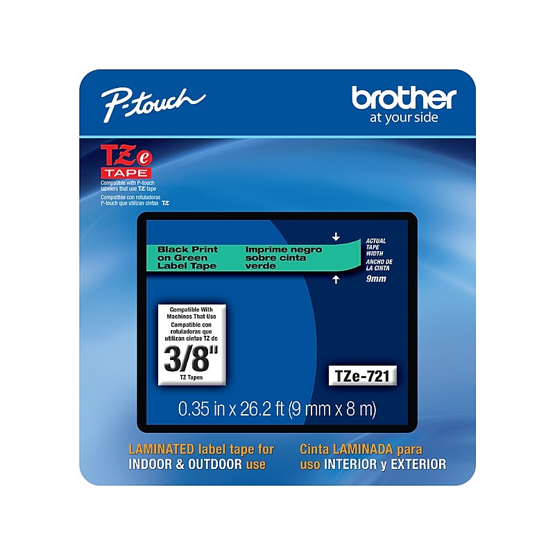 Brother P-touch TZe-721CS Laminated Label Maker Tape, 3/8" x 26-2/10', Black on Green (TZe-721CS) image 1