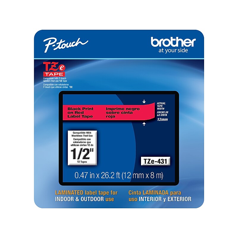 Brother P-touch TZe-431CS Laminated Label Maker Tape, 1/2" x 26-2/10', Black on Red (TZe-431CS) image 1