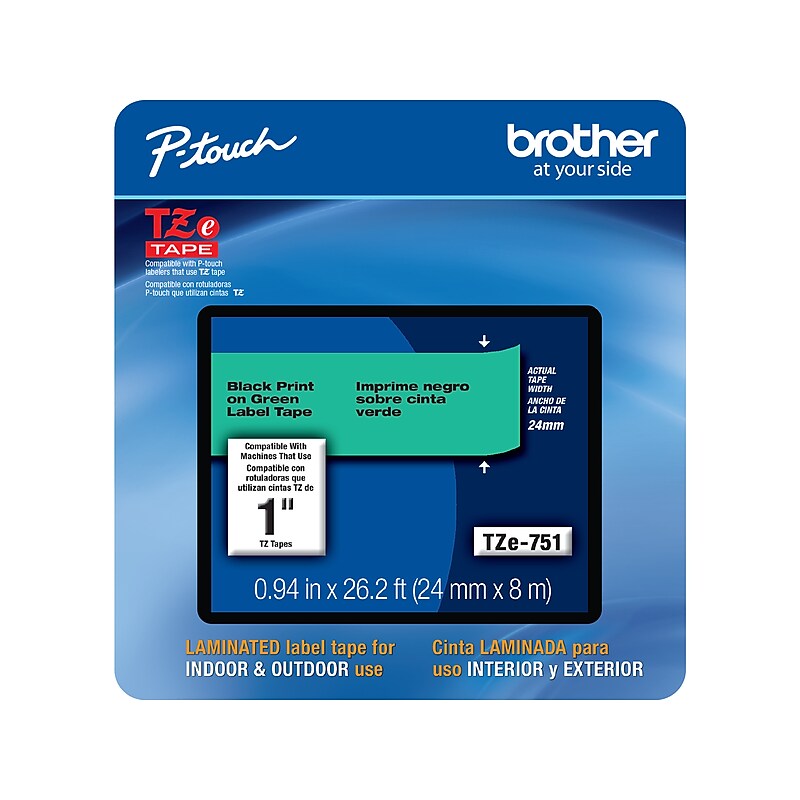 Brother P-touch TZe-751CS Laminated Label Maker Tape, 1" x 26-2/10', Black on Green (TZe-751CS) image 1