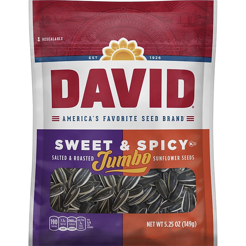 David Jumbo Roasted Salted Sweet & Spicy Sunflower Seeds, Unshelled, 5.25 oz., 12 Bags/Pack (209-00640) image 1