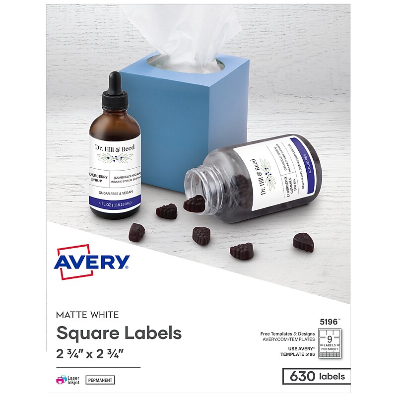 Avery Laser/Inkjet Media Labels, 2-3/4" x 2-3/4", White, 9 Labels/Sheet, 70 Sheets/Box (5196) image 1