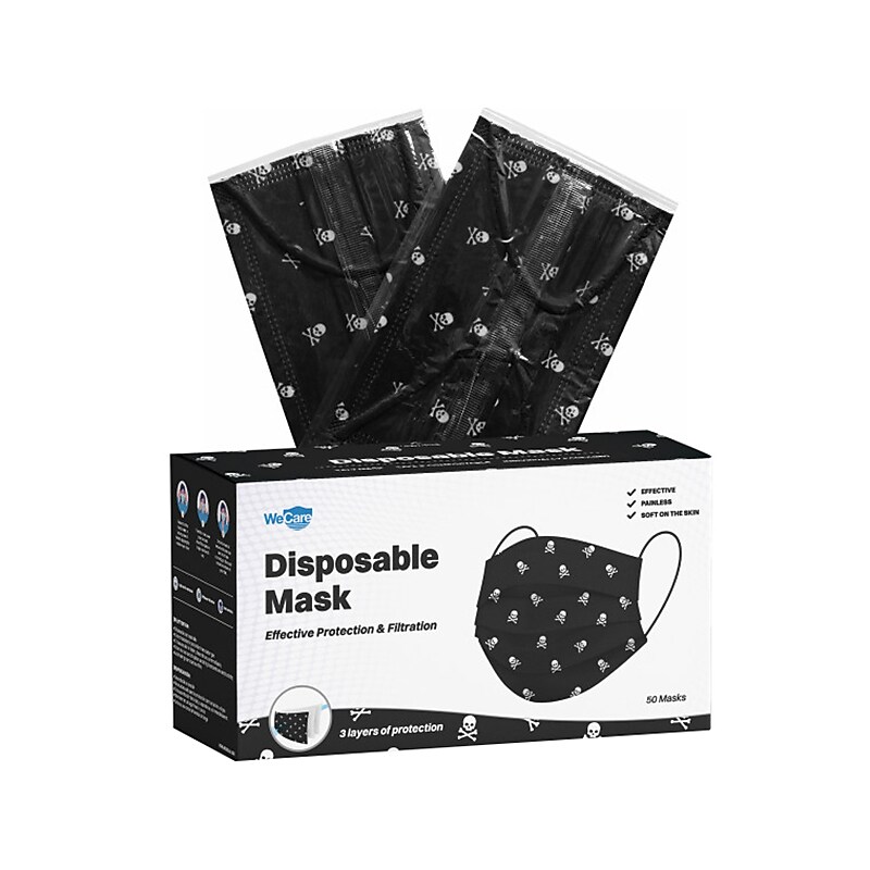 WeCare 3-ply Disposable Face Mask, Individually Wrapped, Adult, Black Skull Bones, 50/Box (WMN100096) image 1
