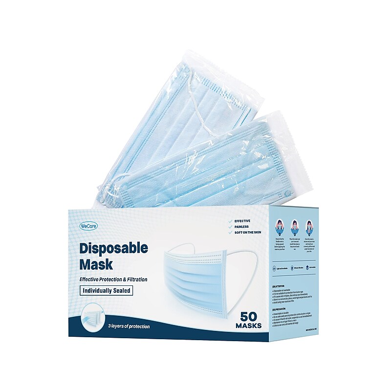 WeCare 3-ply Disposable Face Mask, Adult, Blue, 50/Box (WMN100003) image 1
