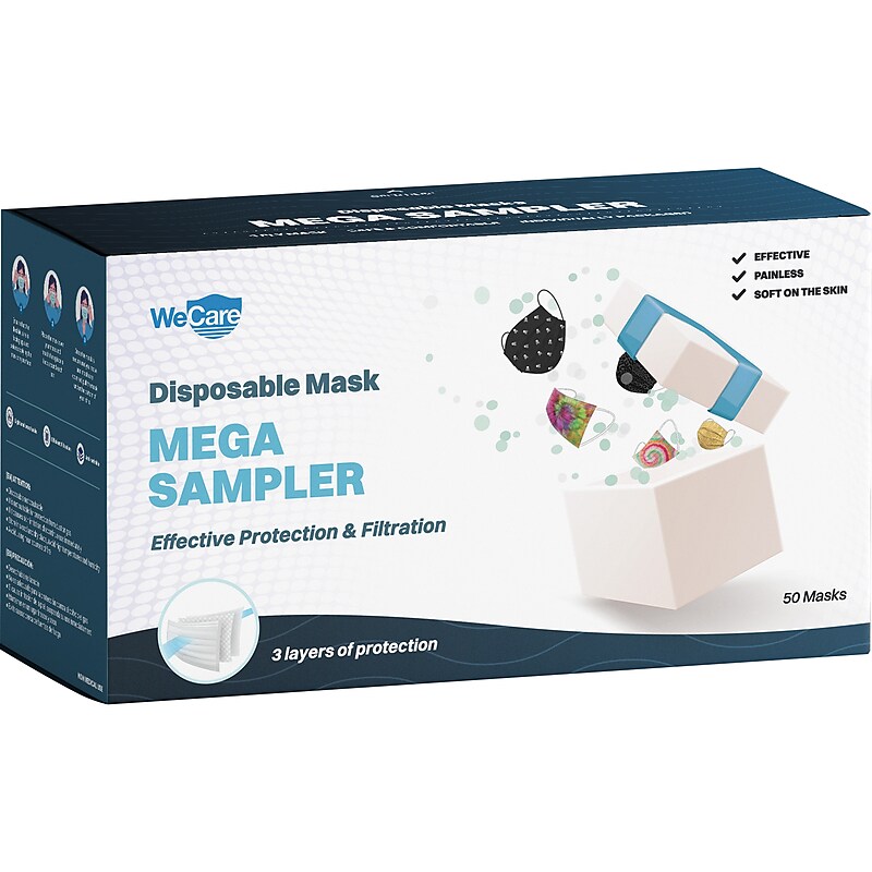 WeCare 3-ply Disposable Face Masks, Mega Sampler, Adult, Assorted Colors, 50/Box (WMN100102) image 1