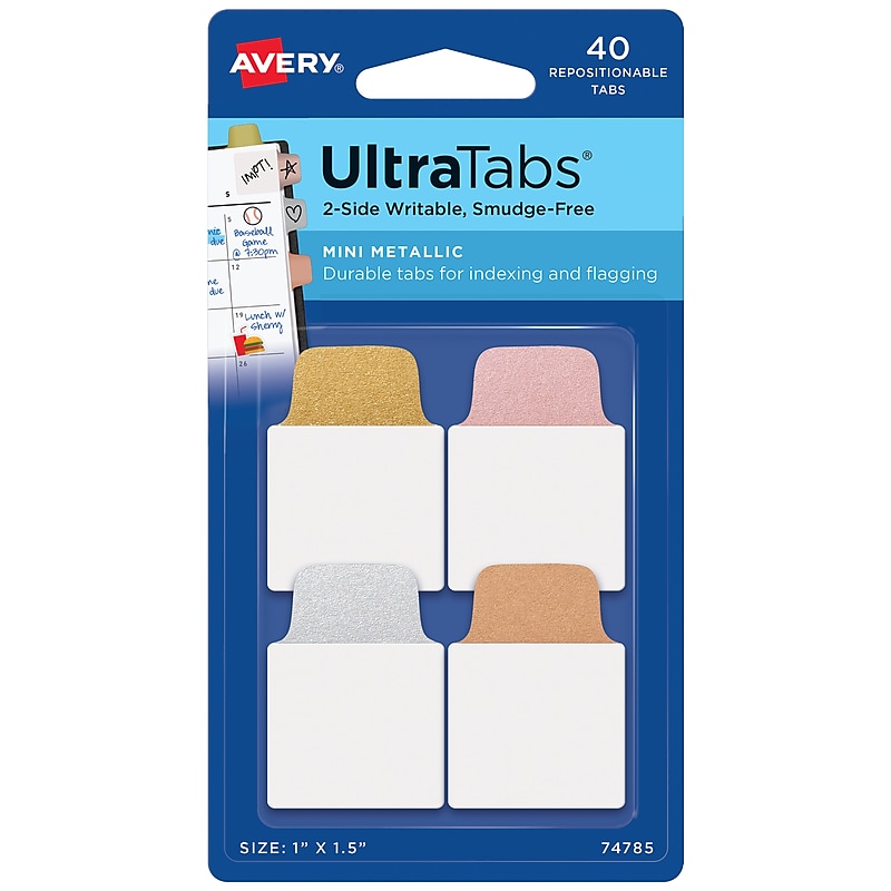 Avery UltraTabs Repositionable Mini Tabs, 1" x 1.5", Assorted Metallic Colors, 10 Tabs/Pad, 40 Tabs (74785) image 1
