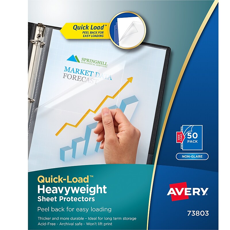 Avery Quick Load Non-Glare Heavyweight Sheet Protectors, 8.5" x 11", Clear, 50/Box(73803) image 1