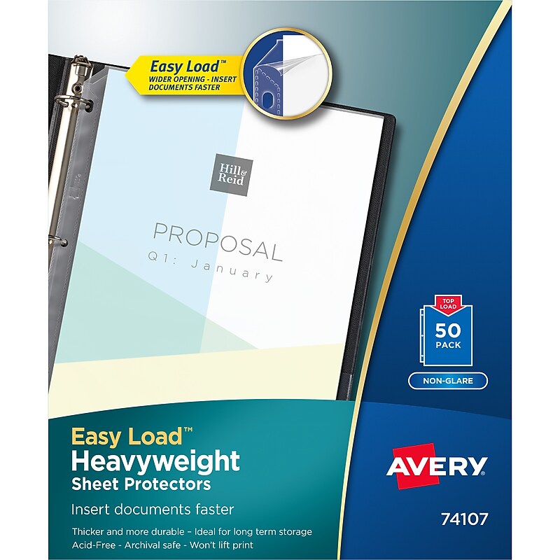 Avery Easy Load Heavyweight Non-Glare Sheet Protectors, 8-1/2" x 11", Clear, 50/Box (74107) image 1