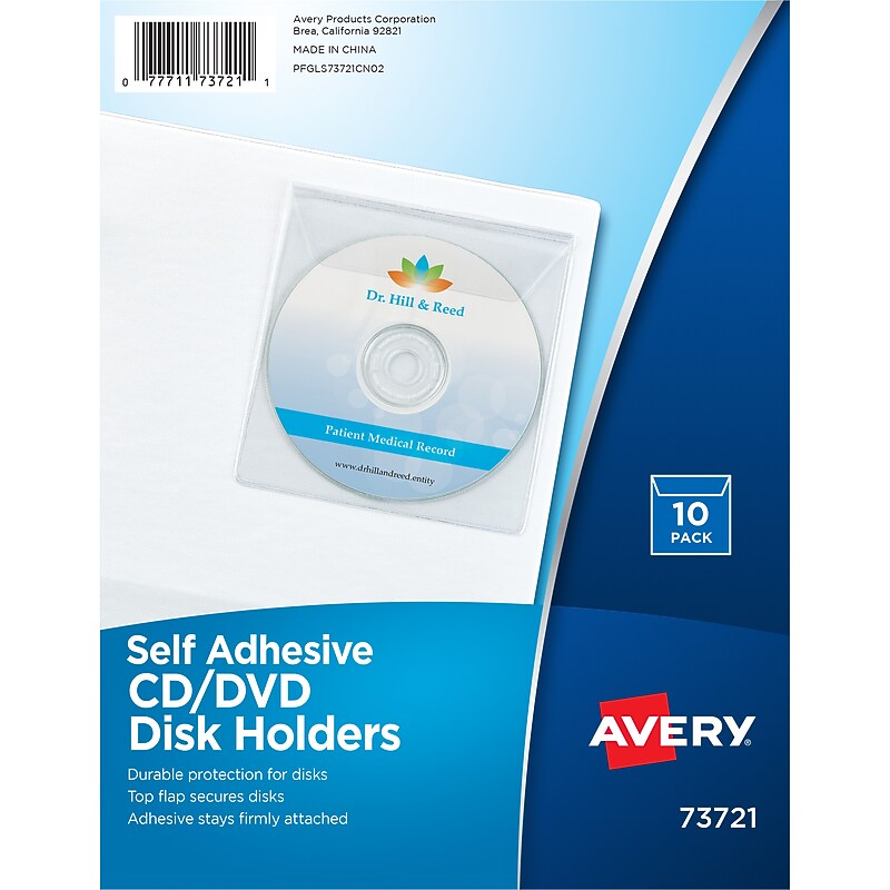 Avery Adhesive Holders for CD/DVD/Zip, Clear Vinyl, 10/Pack (73721) image 1