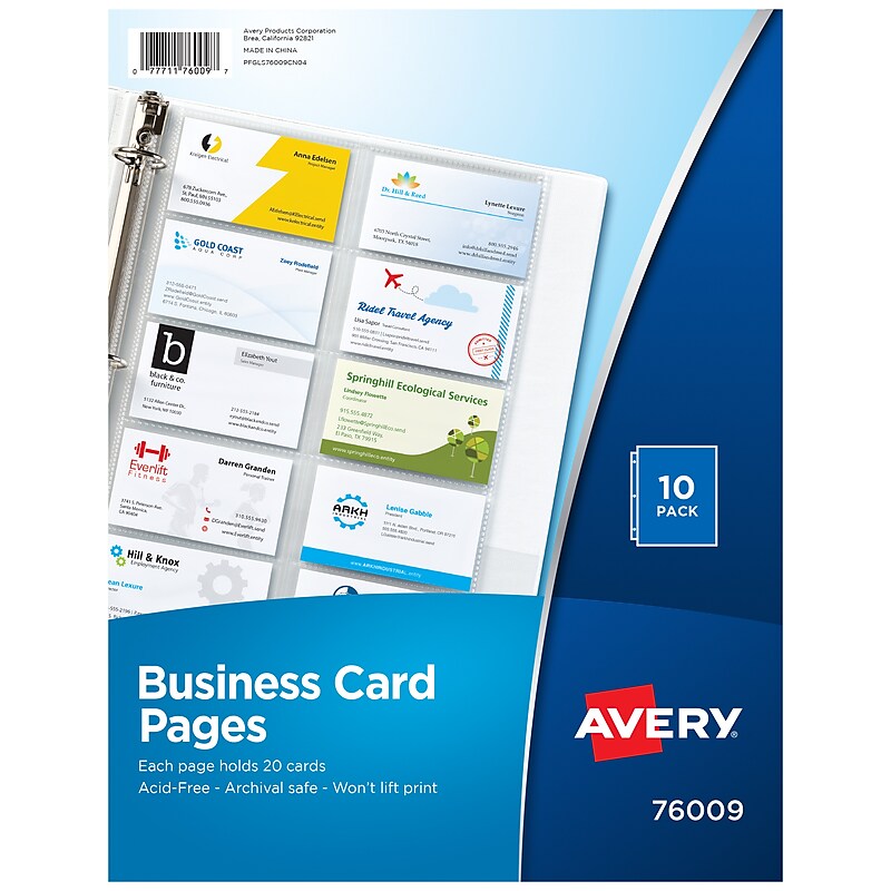 Avery Business Card Pages, 3-Hole Punched, 8.5" x 11", Clear, 10/Pack (76009) image 1
