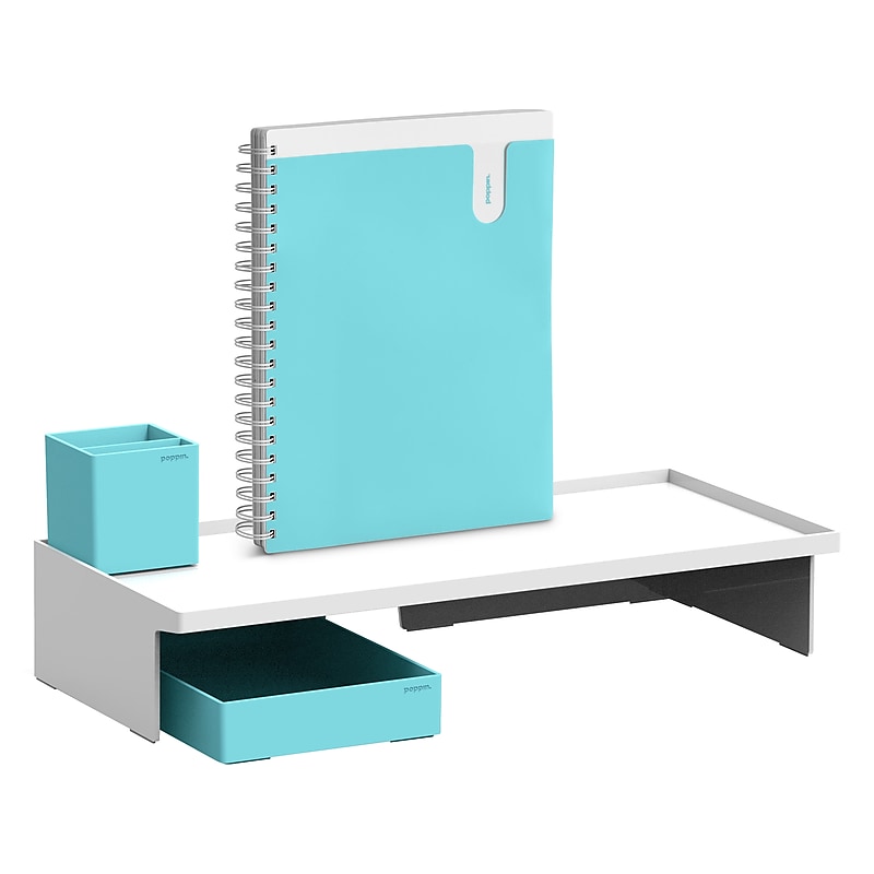 Poppin Monitor Riser with Accessory Kit, White/Aqua (108721) image 1