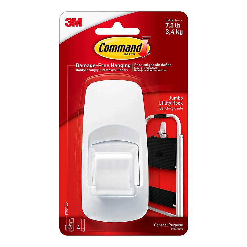 Command Jumbo Hook, 7.5 lb., White, 1 Hook, 2 Strips/Pack (17004-RR) image 1