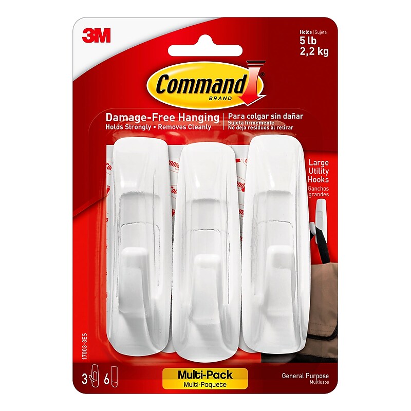 Command Large Utility Hooks, White, Damage Free Hanging of Dorm Room Decorations, 3 Command Hooks, 6 Command Strips (17003-3ES) image 1
