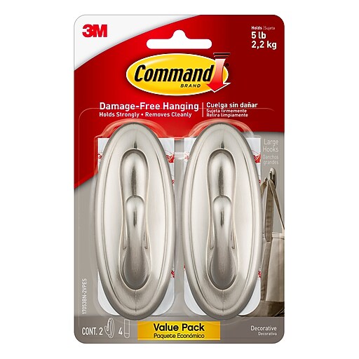 Command Large Decorative Hooks, 5 lb., Brushed Nickel, 2/Pack (17053BNVPES) Staples