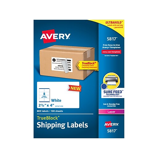 Avery TrueBlock Laser Shipping Label, 2 1/2" x 4", White, 8 Labels