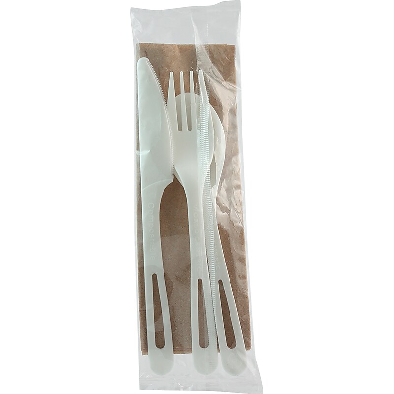 World Centric TPLA Cutlery Set, Knife/Fork/Spoon/Napkin, 6", White, 250/Carton image 1