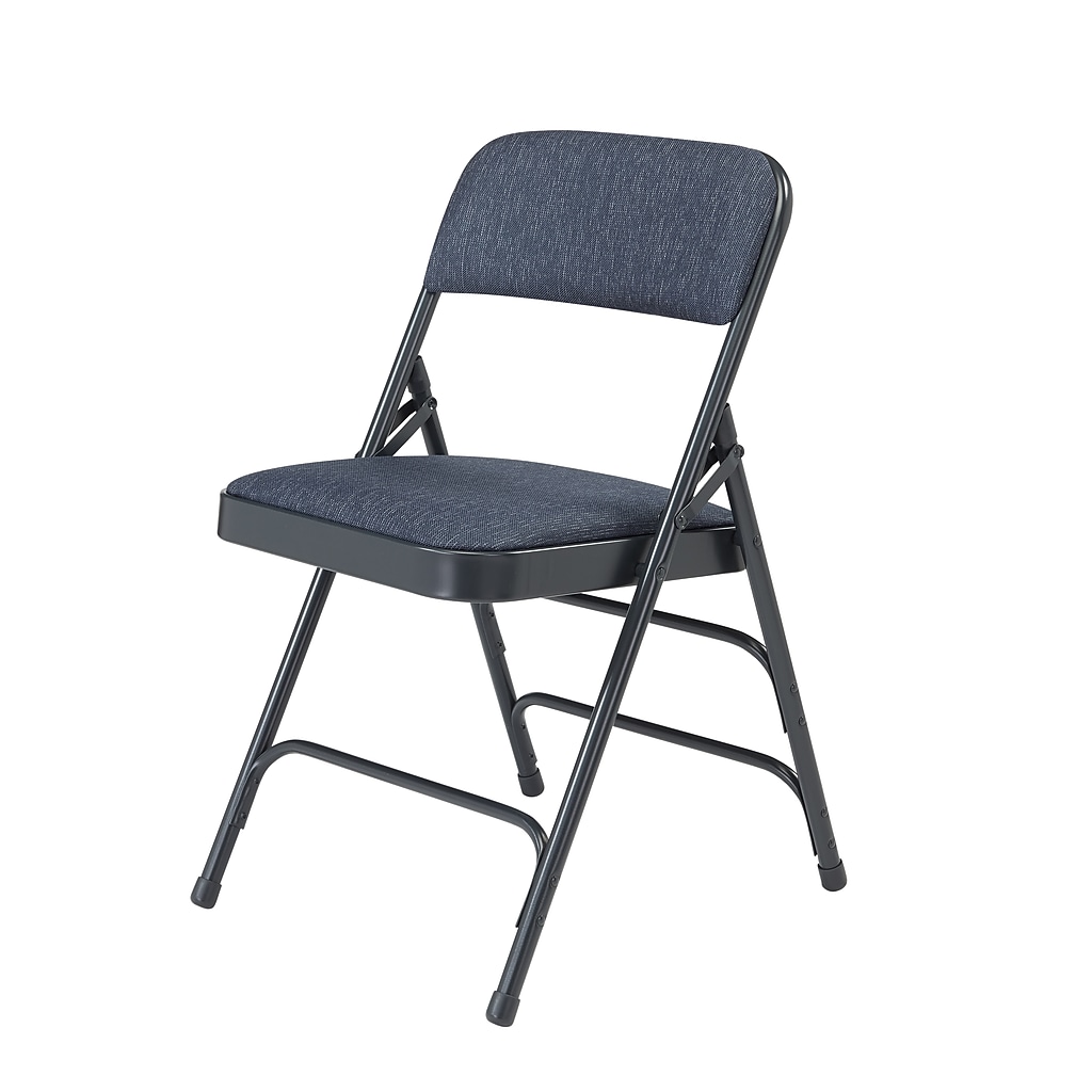 Folding chair close-up showing padded seat and back with metal frame