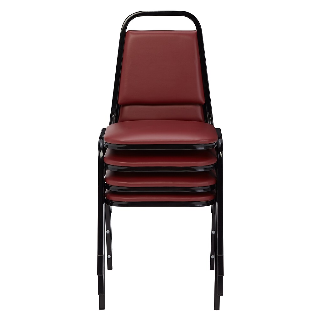Front view of stacked burgundy banquet chairs