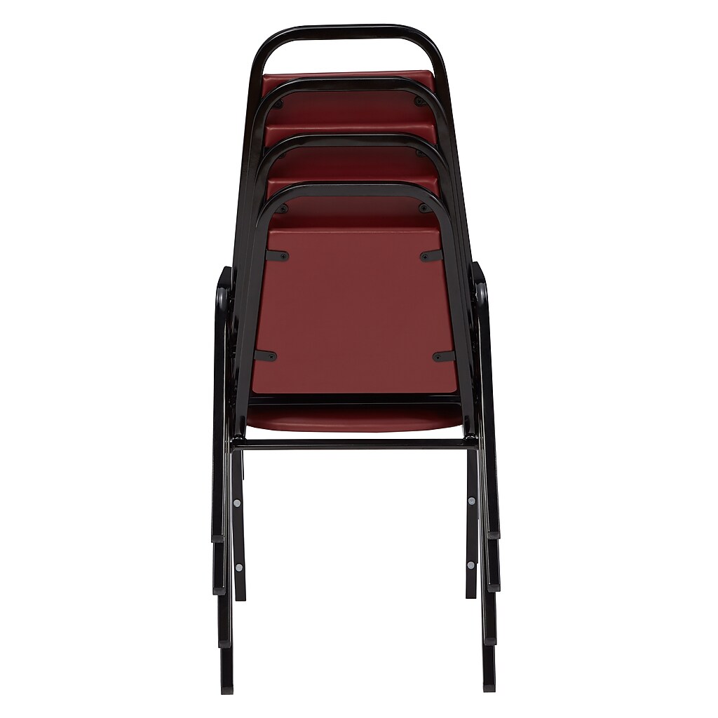 Rear view of a single stacked burgundy chair from bottom