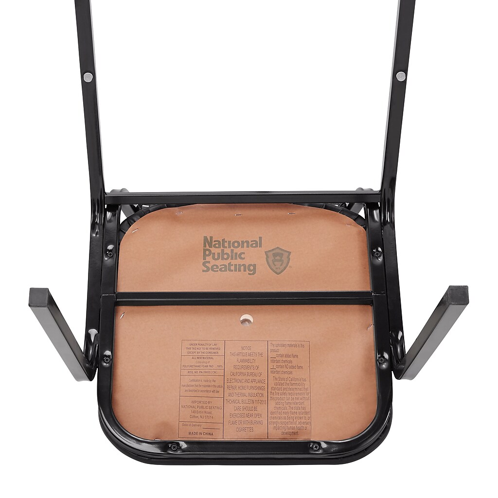 Under-seat view showing label on chair