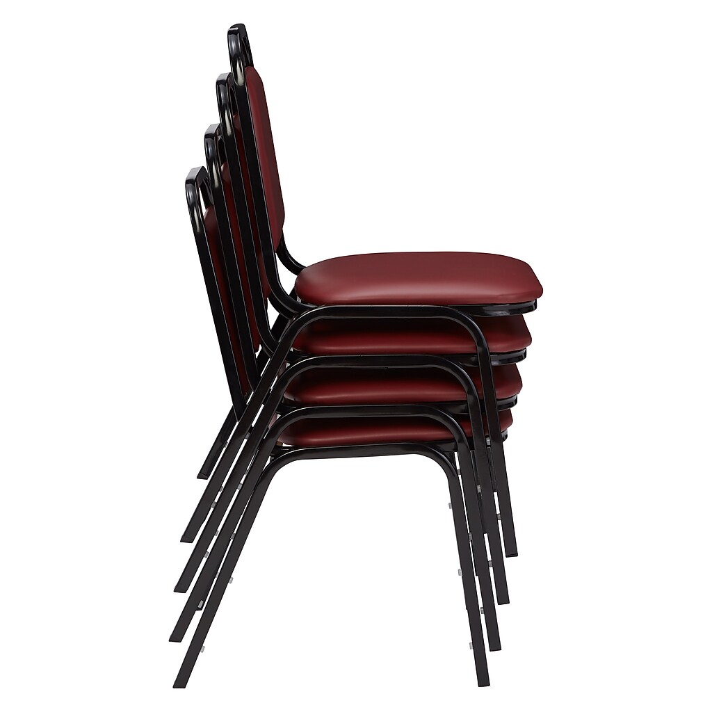 Side view of stacked burgundy banquet chairs