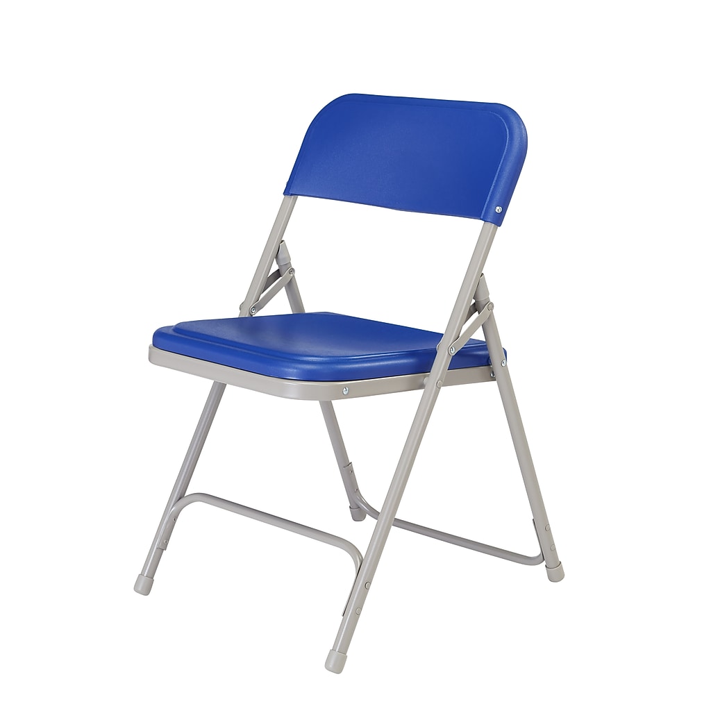 Blue folding chair angled view