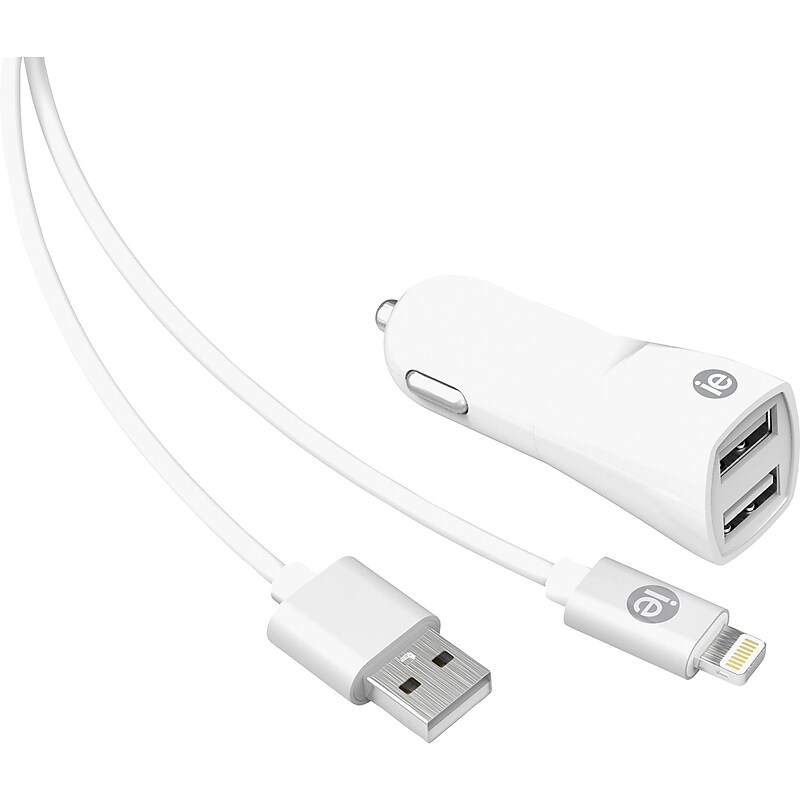 iEssentials 2.4-Amp Dual-USB Car Charger with USB-A Lightning Cable, White, 4ft (IEN-PCL-22A) image 1