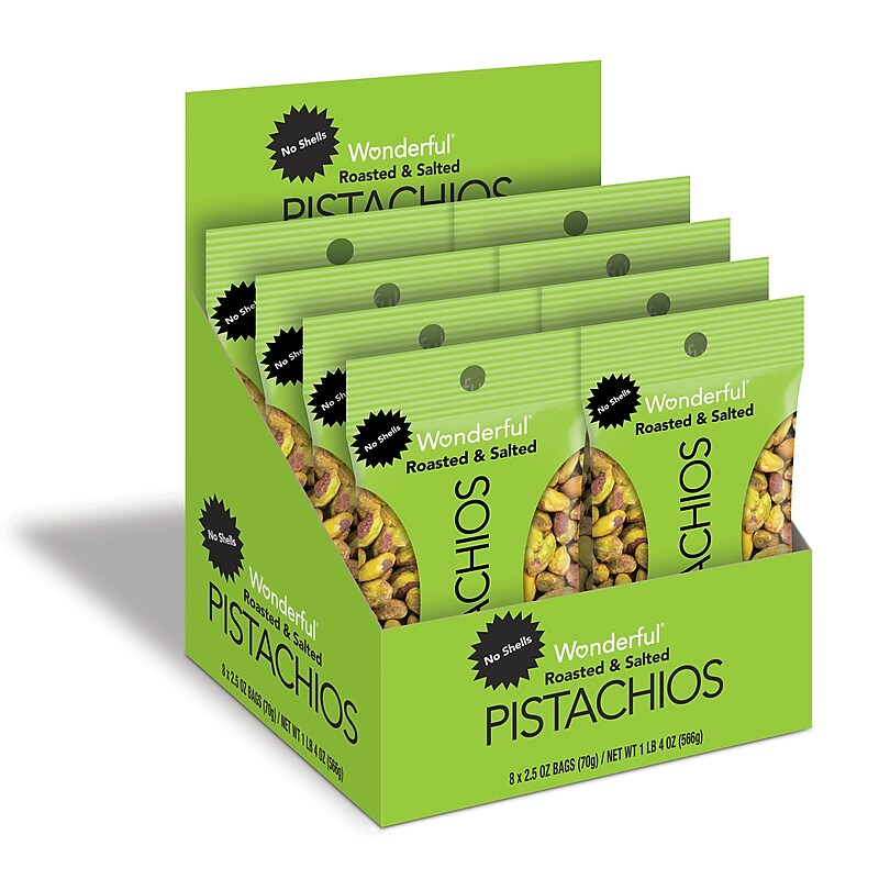 Wonderful Pistachios Roasted & Salted, No Shells, 2.5 oz., 8 Bags/Box (PAR070146A25M) image 1
