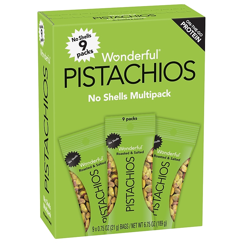 Wonderful Pistachios Roasted & Salted, No Shells, 0.75 oz., 9 Bags/Box, 4 Boxes/Carton (PAR91100) image 1