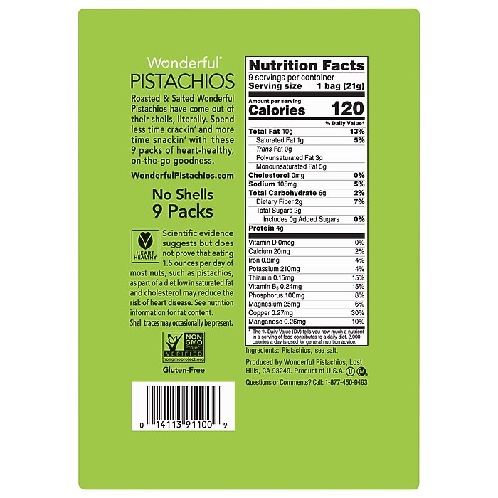 Wonderful Pistachios Roasted & Salted, No Shells, 0.75 oz