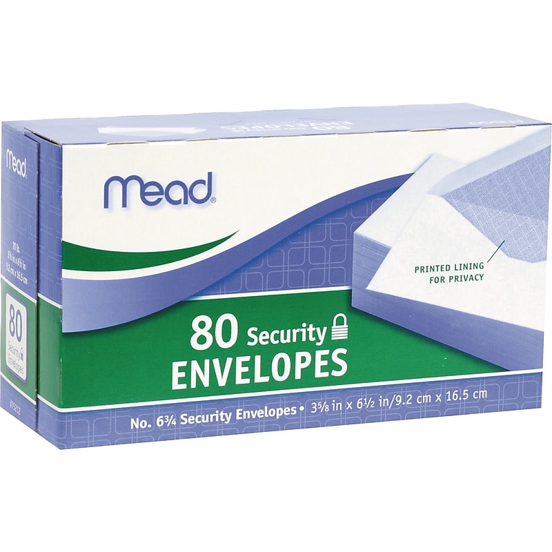 Mead Security Tinted #6-3/4 Business Envelopes, 3-5/8" x 6-1/2", White, 80/Pack (75212) image 1