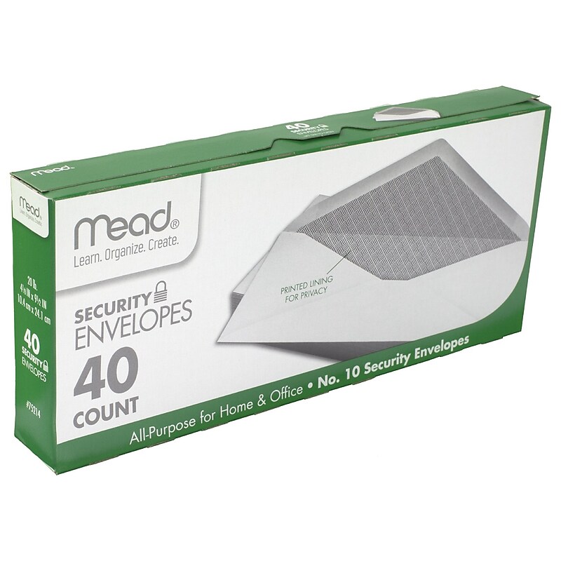 Mead Security Tinted #10 Business Envelopes, 4-1/8" x 9-1/2", White, 40/Pack (75214) image 1