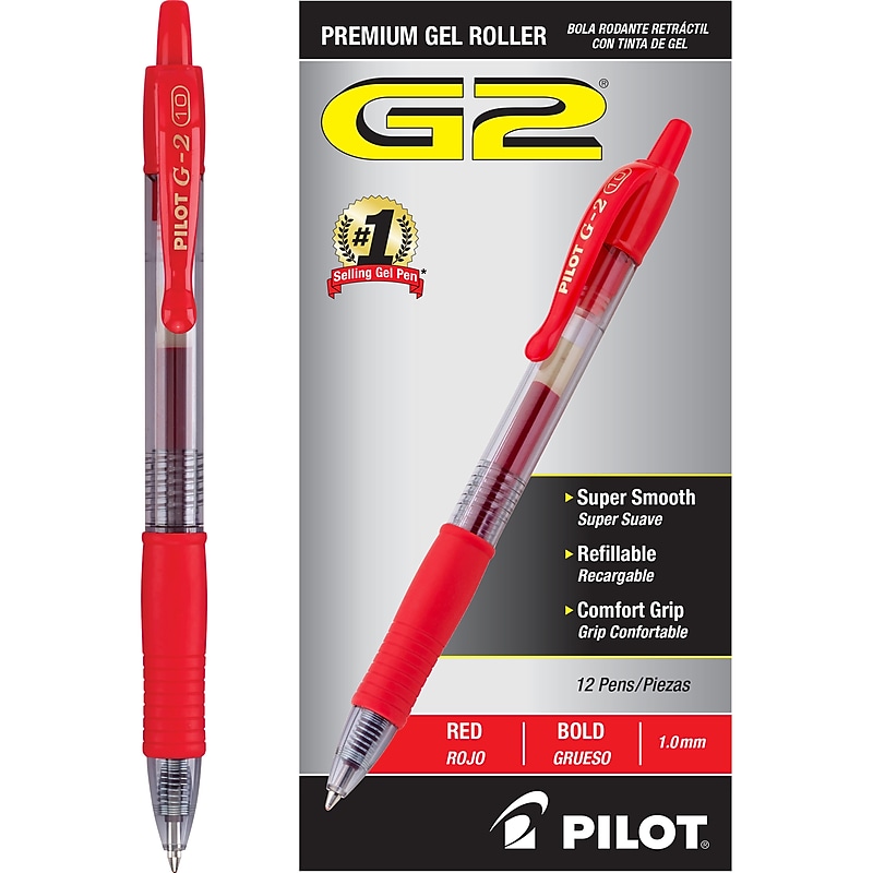 Pilot G2 Retractable Gel Pens, Bold Point, Red Ink, Dozen (31258) image 1