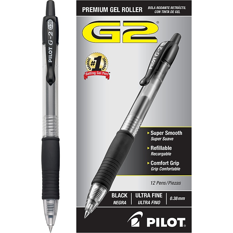 Pilot G2 Retractable Gel Pens, Ultra Fine Point, 0.38mm, Black Ink, Dozen (31277) image 1