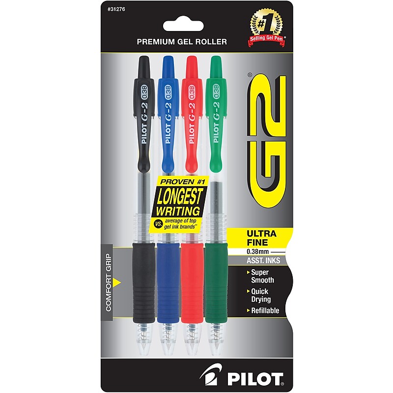 Pilot G2 Retractable Gel Pens, Ultra Fine Point, Assorted Ink, 4/Pack (31276) image 1