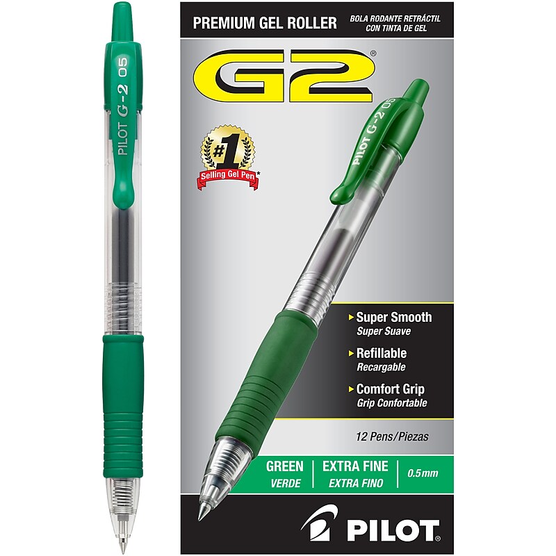 Pilot G2 Retractable Gel Pens, Extra Fine Point, Green Ink, Dozen (31005) image 1