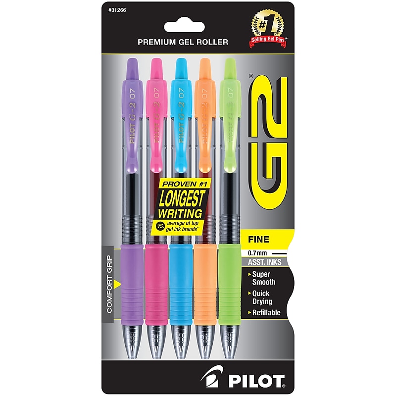 Pilot G2 Retractable Gel Pens, Fine Point, Assorted Ink, 5/Pack (31266) image 1
