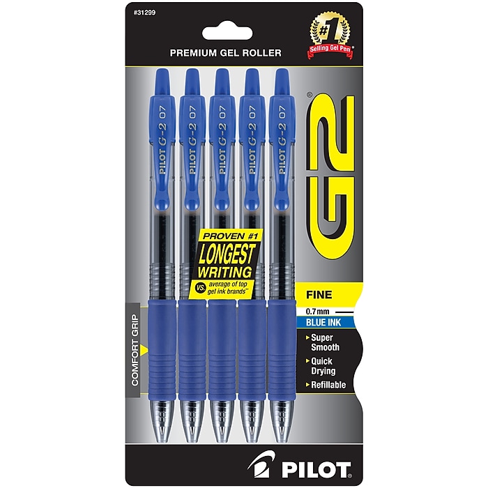 Pilot G2 Retractable Gel Pens, Fine Point, 0.7mm, Blue Ink, 5/Pack