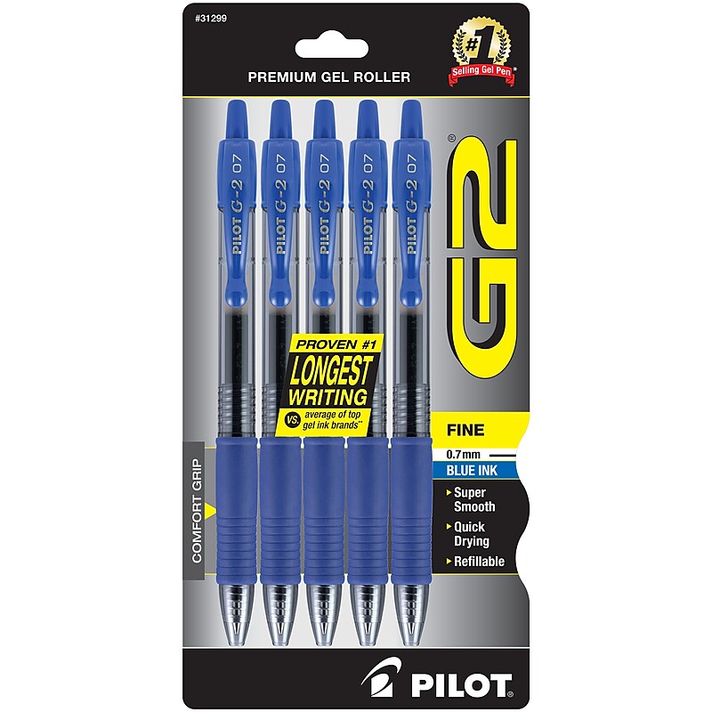 Pilot G2 Retractable Gel Pens, Fine Point, 0.7mm, Blue Ink, 5/Pack (31299) image 1