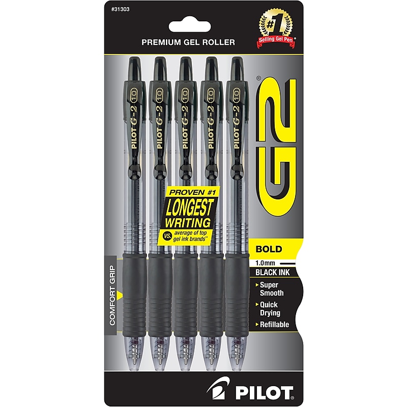 Pilot G2 Retractable Gel Pens, Bold Point, 1.0mm, Black Ink, 5/Pack (G21C5BLK) image 1